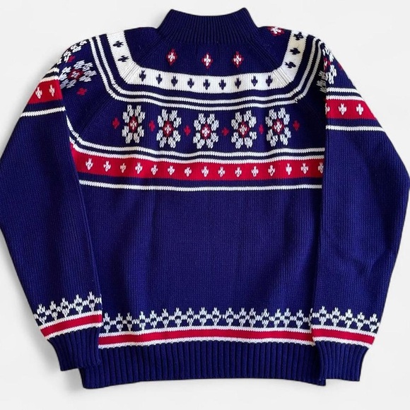 Vintage JC Penney Mock Neck Navy Blue Red White Snowflake Knit Sweater M - Picture 5 of 7